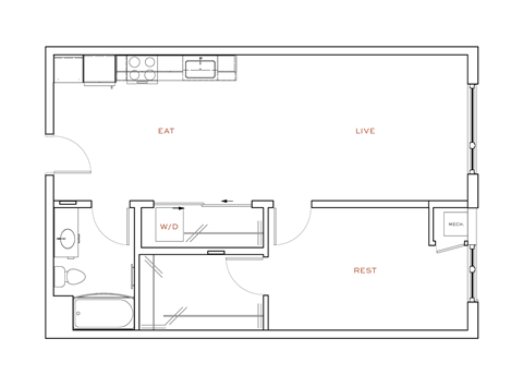 A floor plan of a room with labeled areas for Eat, Live, Rest, and W/D.